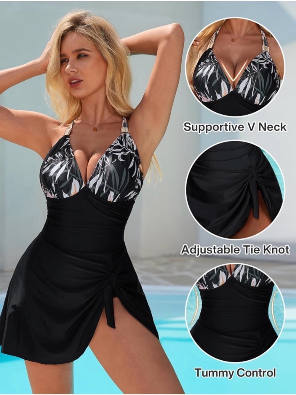 Woman’s Black Floral Halter One-Piece Swim Dress